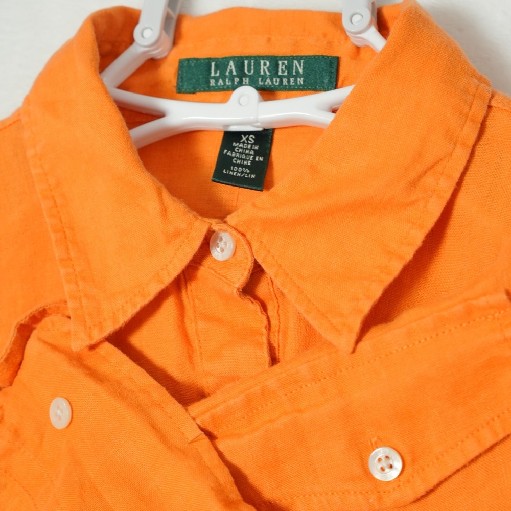 Lauren Ralph‎ Lauren Button Shirt Size XS 100% Linen Orange 3/4 Roll Tab Pockets